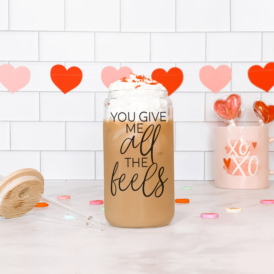 Funny Valentineās gift for husband, You Give Me All the Feels 20oz glass cup.
Valentineās Day gift for him, 20oz You Give Me All the Feels glass cup with bamboo lid.